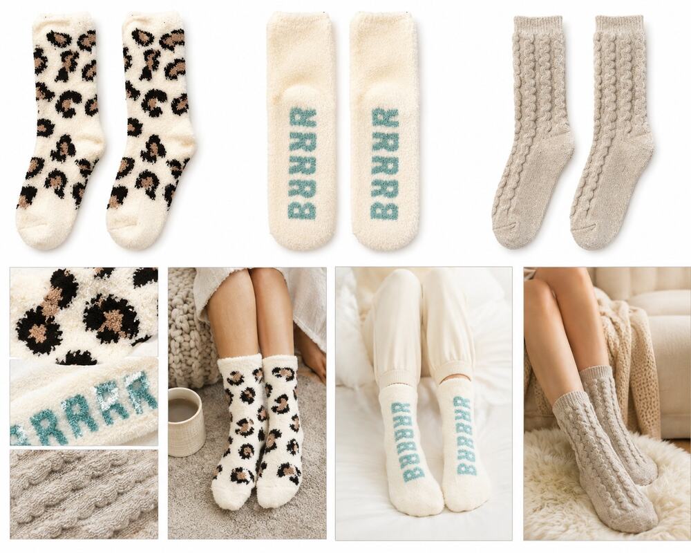 3-Pair Women's Cozy Lounge Sock Bundle – Leopard, "BRRRR", & Cable Knit Styles